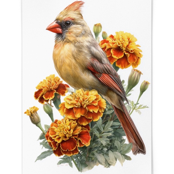 Watercolor Female Cardinal Bird with Marigolds Flowers Wall Art Print Unframed - Picture 2 of 7